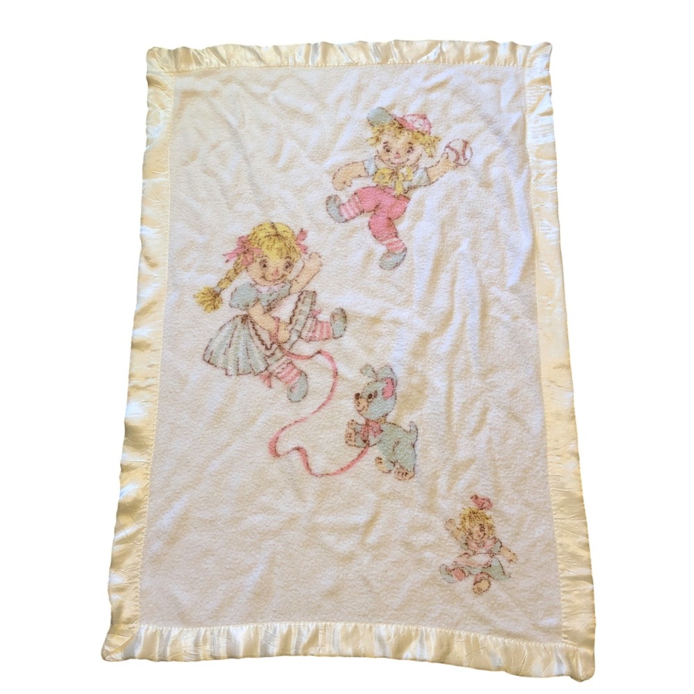 Vintage Raggedy Ann Andy Baby Blanket White Satin Trim Boy Girl Puppy